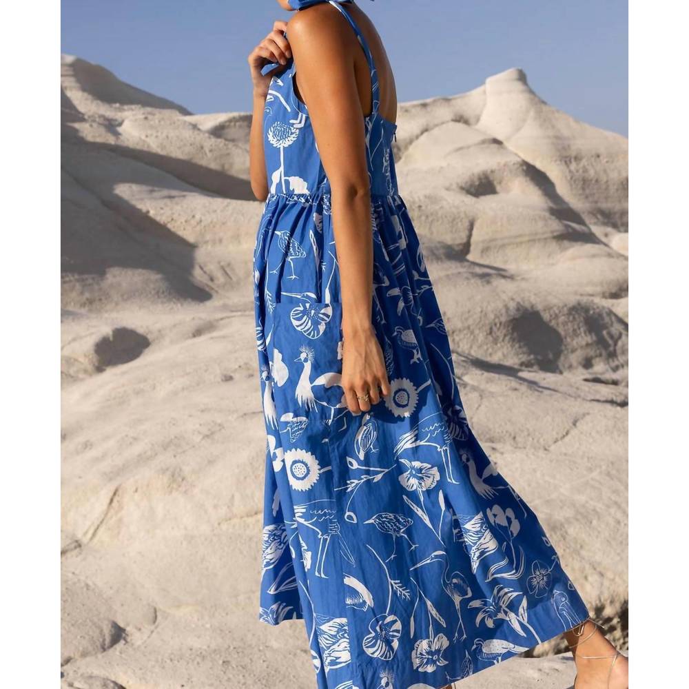 NEW OLIPHANT tie strap pocket midi dress in blue audubon - Picture 3 of 4